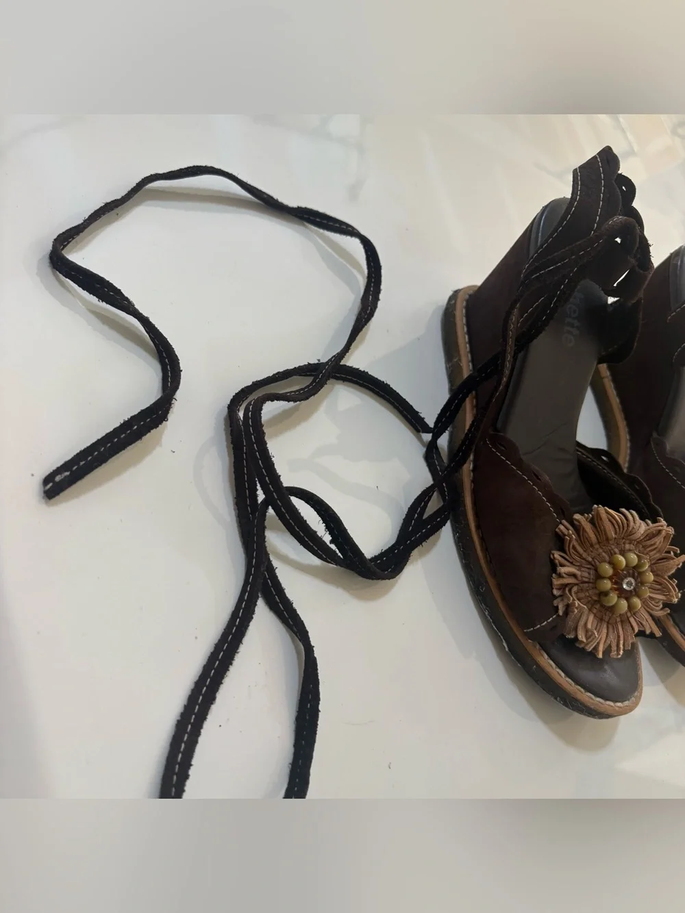 Brown Women's Floral Leather/Suede Lace-Up Wedge Sandals